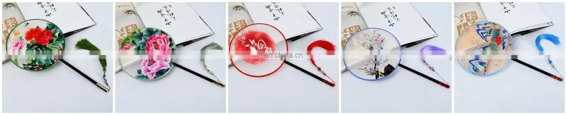 Chinese style multi-pattern silk embroidery dual-faced handmade round fan with long handle and tassel pendant(19*37cm)