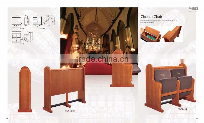 double seat wooden church chair with writing pad JT001-L