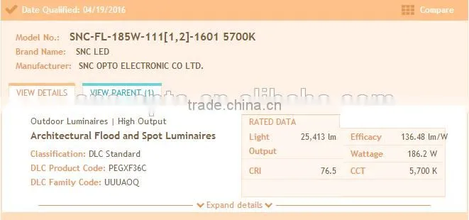 Shenzhen SNC manufacturer factory price new high lumen UL DLC listed outdoor led flood light 185W