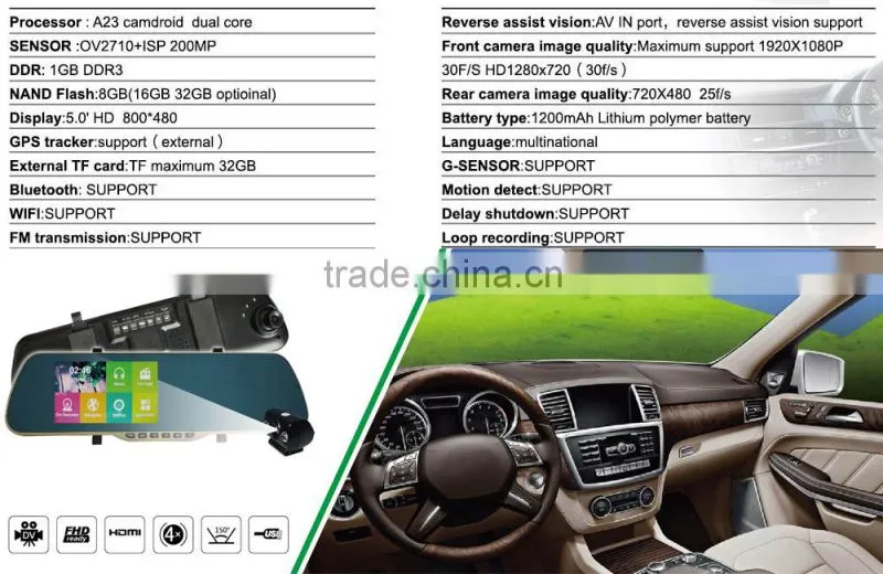 5inch 1080p dual lens car rearview mirror camera ,car gps dvr rearview mirror with fm transmitter,smart view mirrors