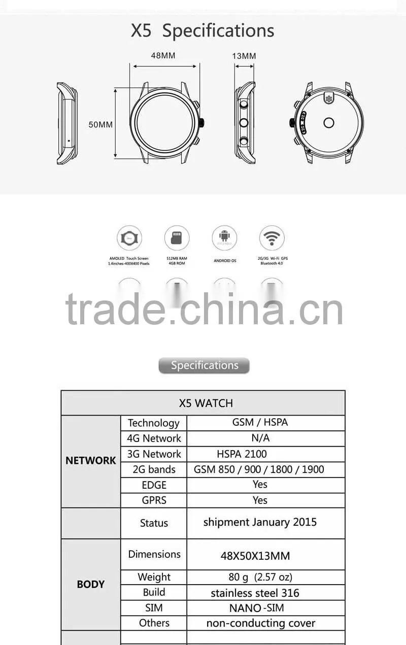 X5 Amoled screen 1.4" dual bluetooth 2.1/4.0 android 4.4 OS MTK6572 low cost 3G smartwatch