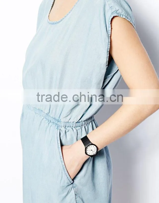 2015 fashion Hot Girl casual loose sleeveless denim round neck sexy mini summer dress