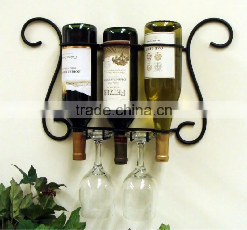 Fashion 3 Bottle Wall Mount Wine and Glass racks hanging metal decorative