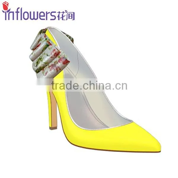 Yellow patent leather with back bowtie pointed toe women high heel shoes