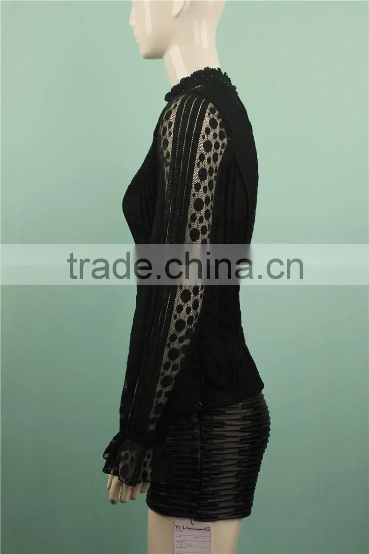 2016 A/W black color women long sleeve blouse