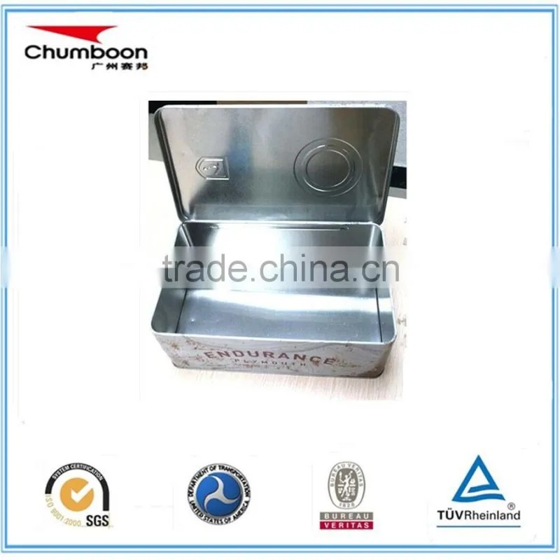 rectangel CMYK gift hinged tin can / OEM factory biscuit chocolate tin box / cheap metal box