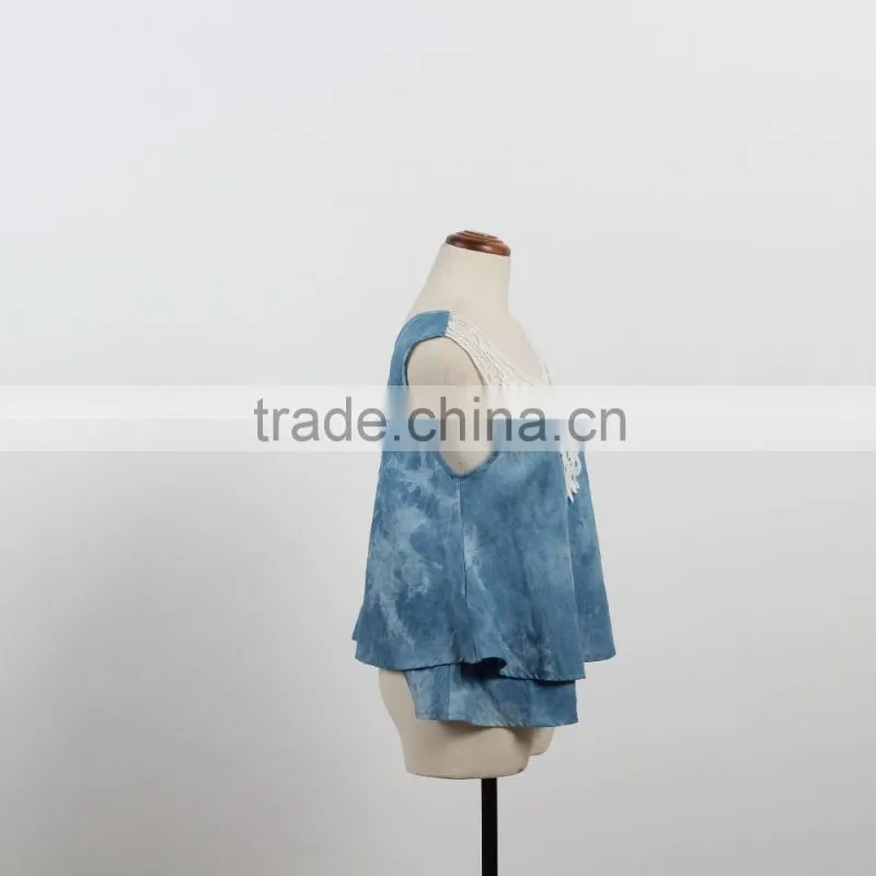 OEM Custom designs denim shirt with lace sleeveless causal girl woman top in Guangzhou