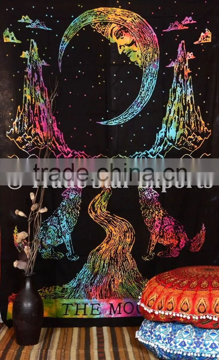 Twin Size Tie Dye Wolf Howling at Moon Wall Art Cotton Boho Wall Hanging Tapestry