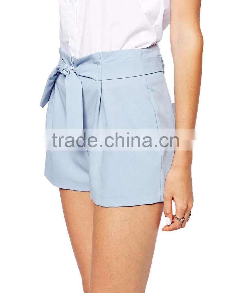 2014 China supplier pale blue high-rise shorts with attached tie waist belt woman sexy teens hot pants shorts