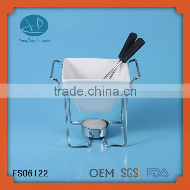 innovative chocolate fondue set,custom ceramic fondue set with candle and forks