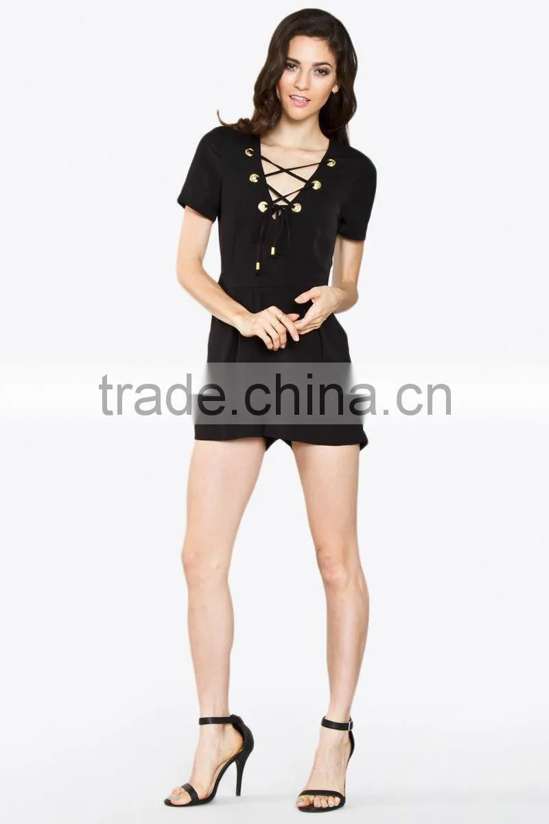 Made in China CUSTOM Wholesale Ladies Clothing Latest Design Fashion Women Black Short Sleeve Romper with Lace up Detail