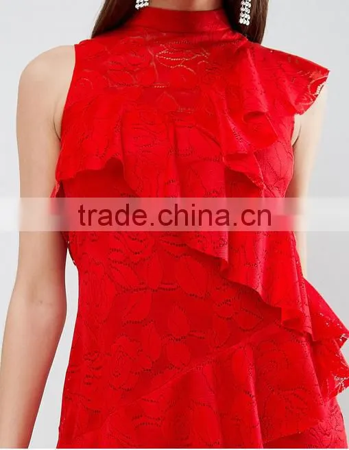 China women clothing Manufacturer Red Sexy Lace Ruffle Mini dress