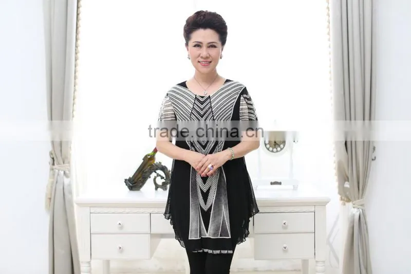 Middle aged ladies elegant beaded black and white printed short sleeve lace blouses