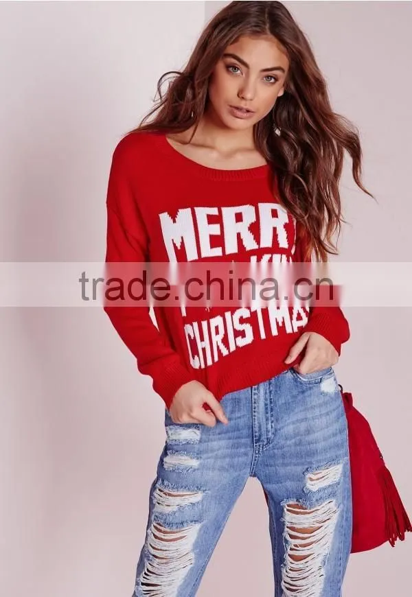 Custom Design Women Merry Christmas Crew Neck Cropped Jumper Red Knitwear Sweater Pullover