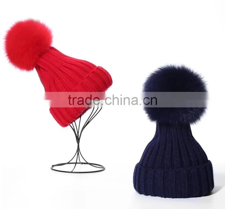 Adult Lady Fox Fur Pom Pom Crochet Warm Black Winter Knitted Hats Cap For Women Perfect Valentine's Day Gift