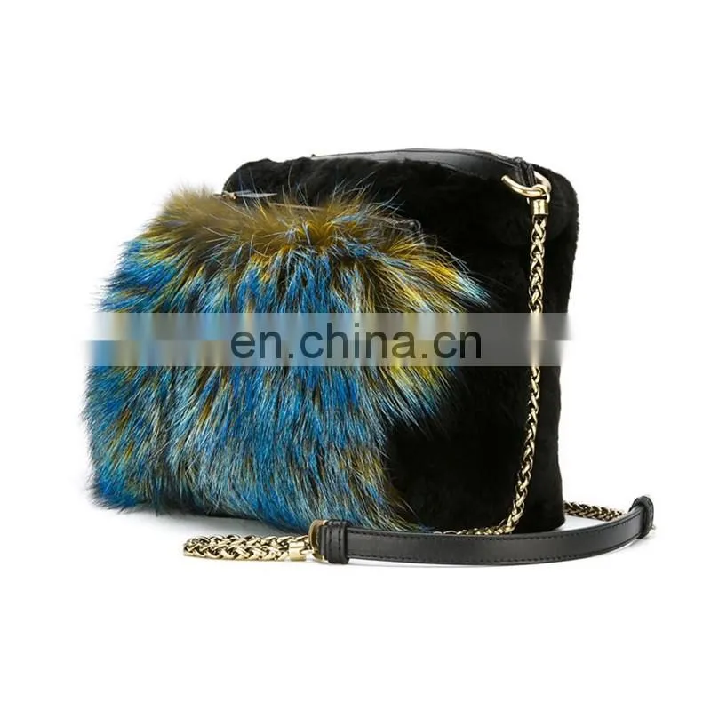 Classy Ladies Colorful Fox and Black Rabbit Fur Shoulder Bag