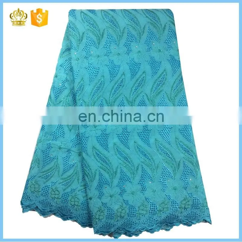 Hot selling swiss voile lace fabric, 100% cotton lace, Embroidery lace fabric with stones for wedding dress F15121112