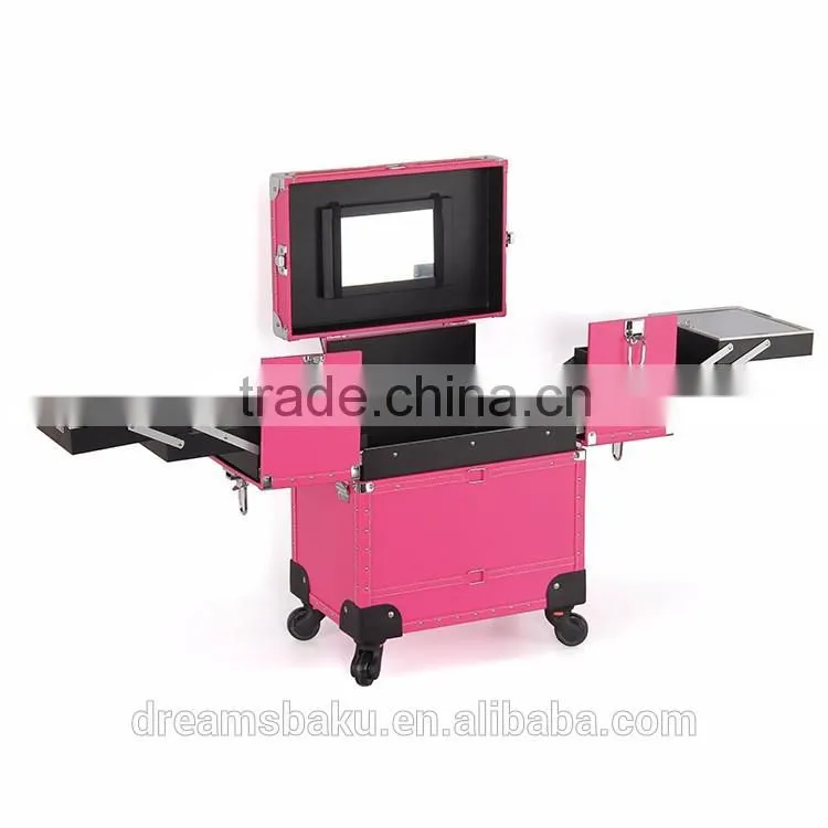 2016 Hot selling Pink color Functional professional Trolley case Makeup box cosmetic display Case