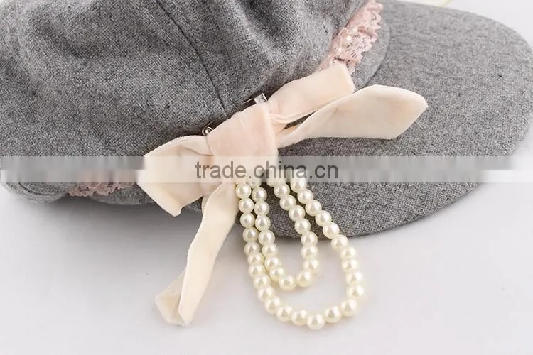 2015 New style original baby girls peaked baseball beret cap with bownot and pearls