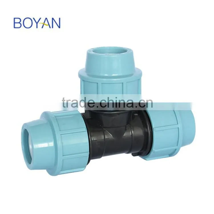 BOYAN zhejiang taizhou light blue 20mm-110mm for irrigation plastic equal tee pp compression fitting