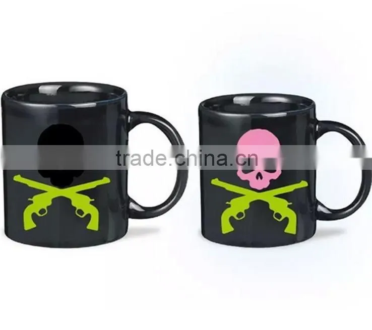 High quality low price balck CrossBones magic photo color changing mug