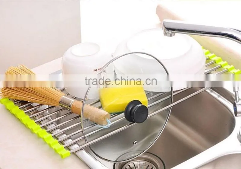 High Quality Over the Sink Multipurpose Roll Up Stainless steel silicone Dish Drying Rack