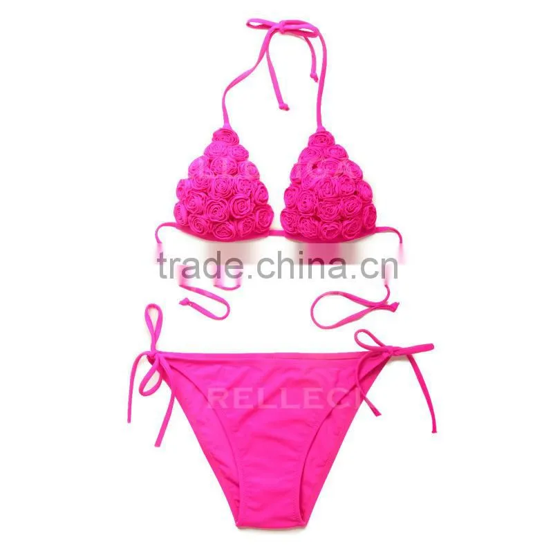 RELLECIGA Solid Color Bikini Series - Hot Pink 3D Blooming Flower Triangle Top Bikini Set with Moderate Push-up Molded Cups