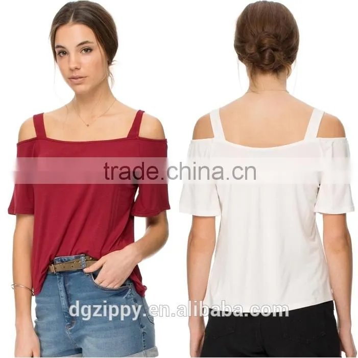 Latest Scoop Neckline Apparel Design Women Srappy Cold Shoulder T-Shirt
