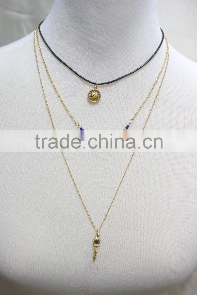 Gold Chain Layered Necklace w/Blue & Tan Bead Gold Leaf & Bird Metal Necklace 2016 Fashion Style Wholesale