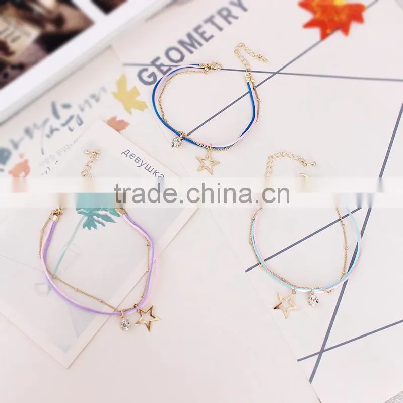 gold cross star zircon charms bracelet layered colorful silk cord gold chain bracelet