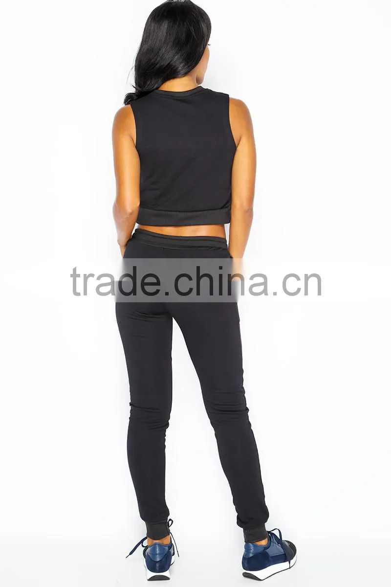 Sexy Girls In Tracksuit Black Sleeveless Crop Top Sweat Pants Sets 100% Cotton Summer Club Sports Tracksuit For Football Team
