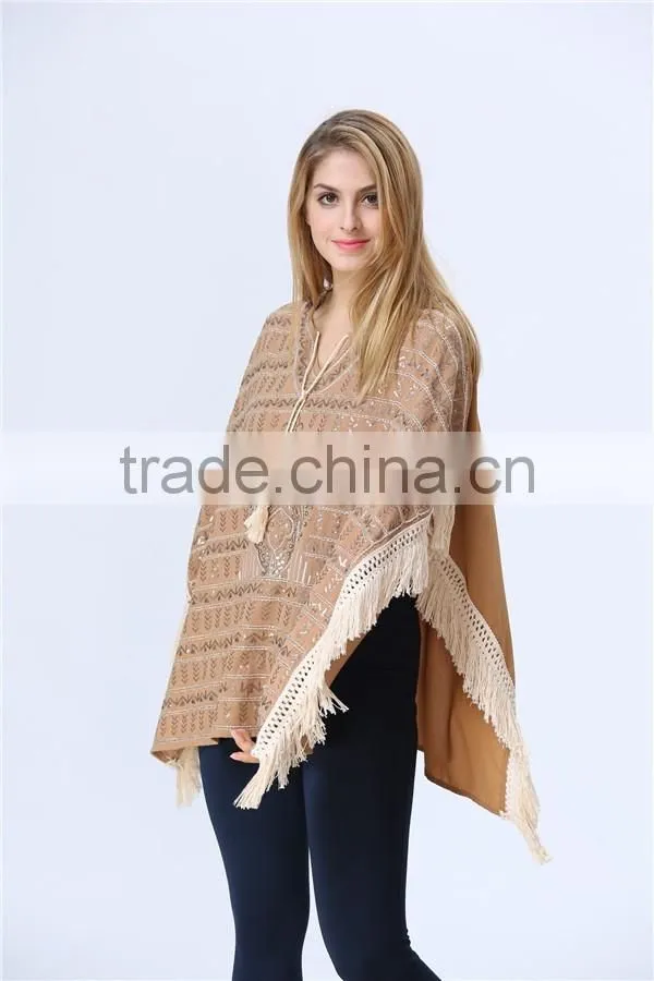 New Arrival Ladies Fashion Design Elegant Winter/Autumn Tan Colour Dolman/ Cape/Shawl Coat With Fringing and Beading for women