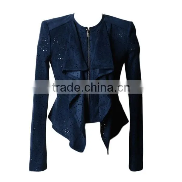 new design laser print front ruffle elegant ladies jacket