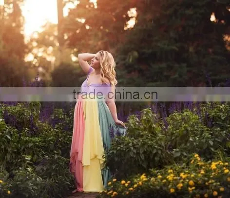 Rainbow Baby Girls Gown Multi-layer Maxi Mommy And Me Long Dress Chiffon New Style