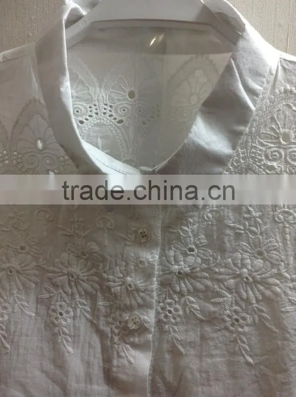 Embroidery floral chiffin white round neck long sleeve women blouse casual