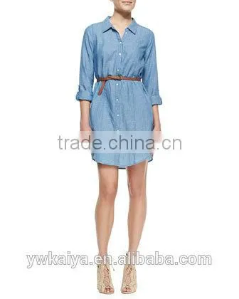 2014 latest design Women's Casual Denim cotton 7-sleeve Slim Shirt Dress long Shirtdress