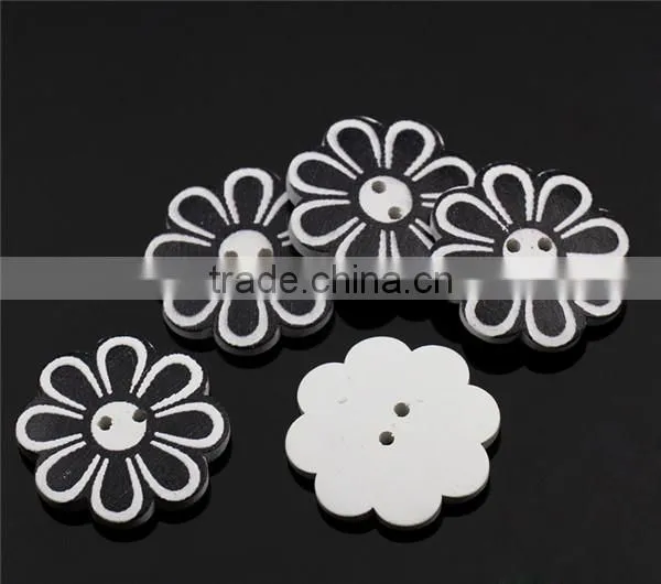 Wholesale Scrapbooking 2 Holes Flower White Black Wood Painting Sewing Buttons