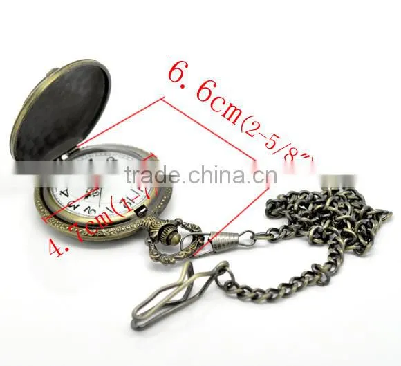 Vintage Antique Bronze Halloween Skull& Bat Pattern Carved Quartz Pocket Watch(Battery Included)