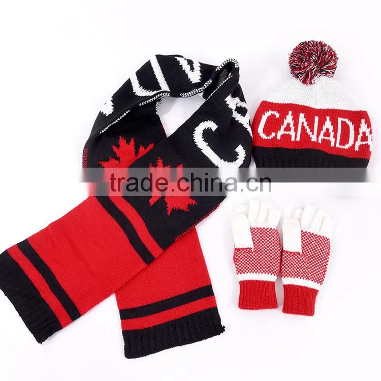 Jacquard football double layers scarf hat gloves woven acrylic sets