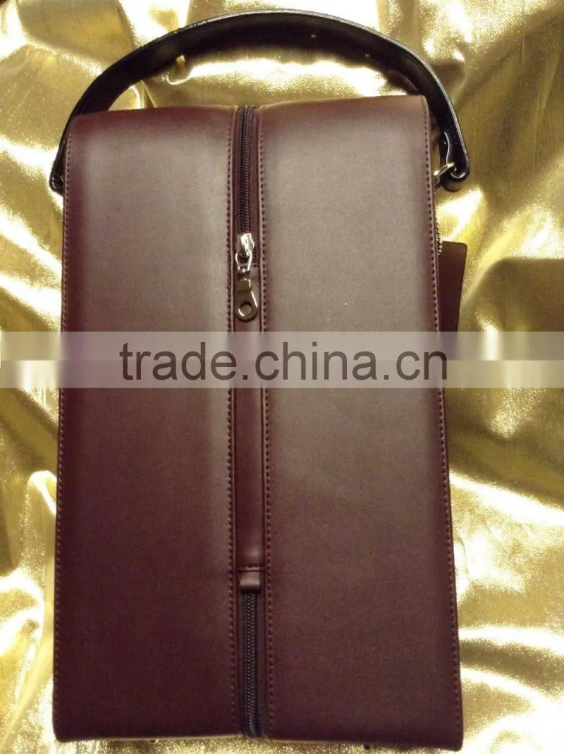 black leather padded red white dual wine 2 bottles leather wine carrier