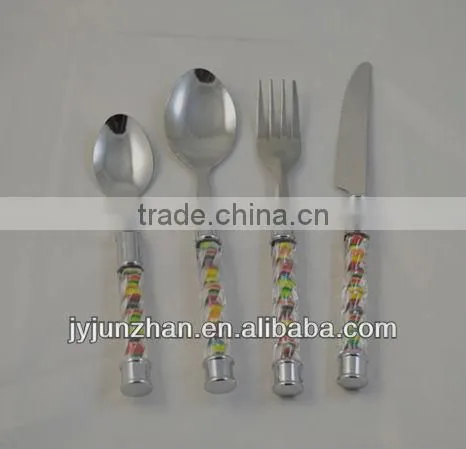 24pcs cutlery sets in plastic basket packing with plastic handle of nice design and OEM quality