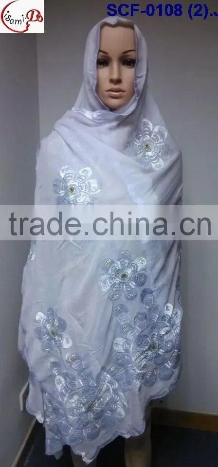 SCF -0108 white 2016 New coming design nice Muslim embroidery scarf ,shawls , pashmina shawl scarf , fashion women long scarf