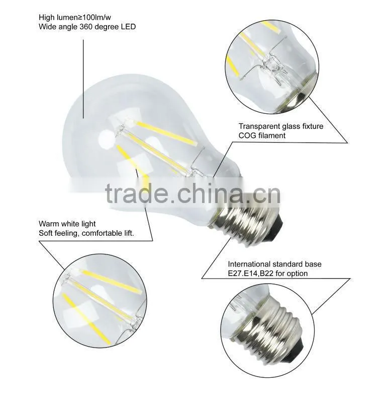 edison led bulb filament 6w CE ROHS A60 china manufacturer