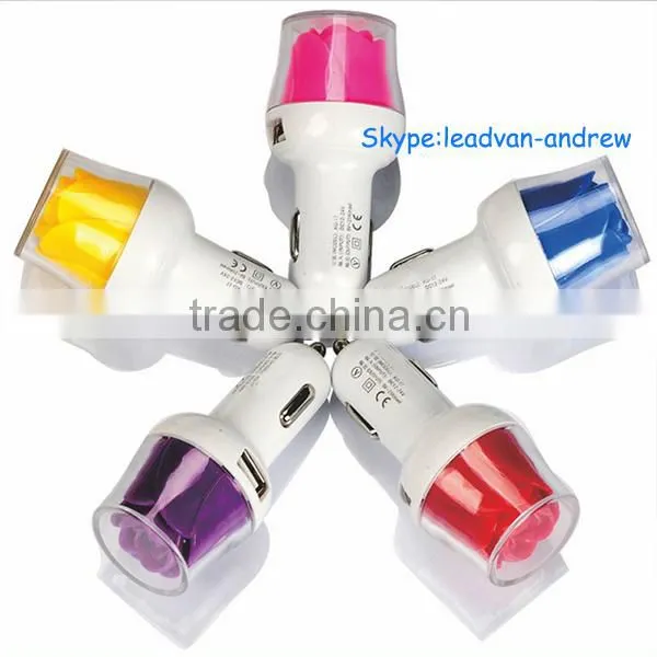 2015 New Product Rose Dual USB Car Charger,LED Rose Mobile Phone Car Charger