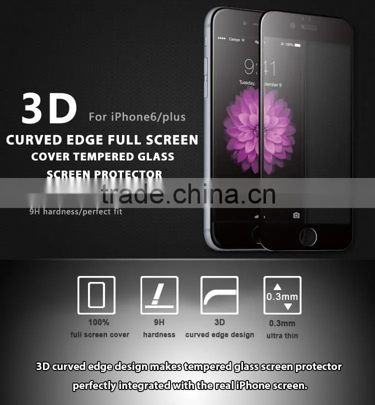 3D curved full screen cover tempered glass screen protector for iPhone 6s, curved edge glass for s6 edge and edge plus