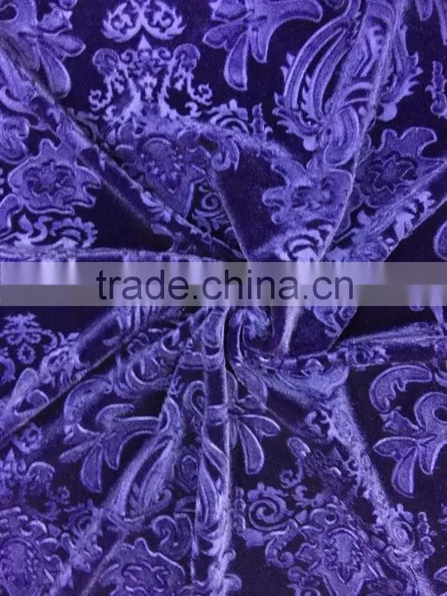 Dark Purple Polyester and Spandex Velvet Fabric 3D Emboss Religion Pattern