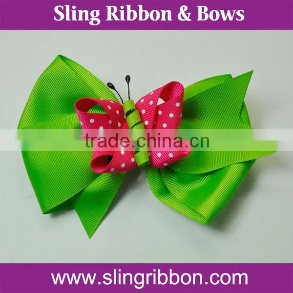 Light Pink Dot Printed Swallowtail Ribbon Girl Hair Bow With Clip
