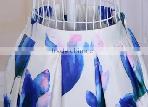 Women Fashion Retro Elegant Elastic High Waist Zipper Flower Print Pleated Midi Skirt