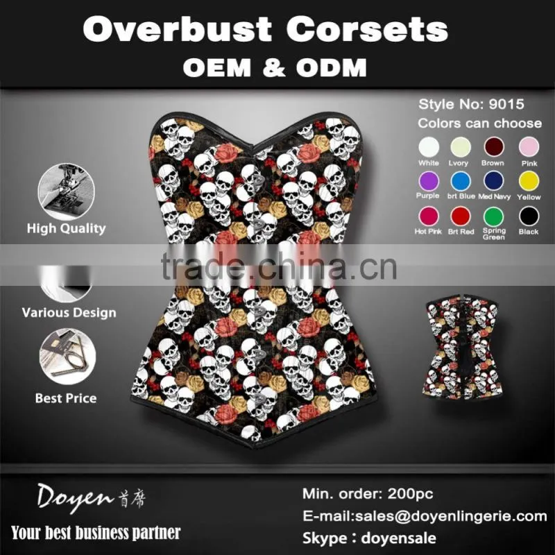 2016 new skull steel boned waist cinchers front zipper corset