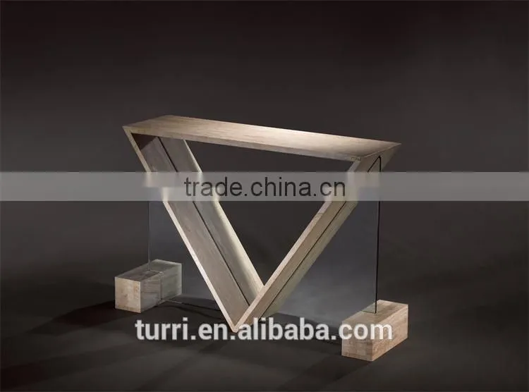 Unique Design white travertine triangle glass console table